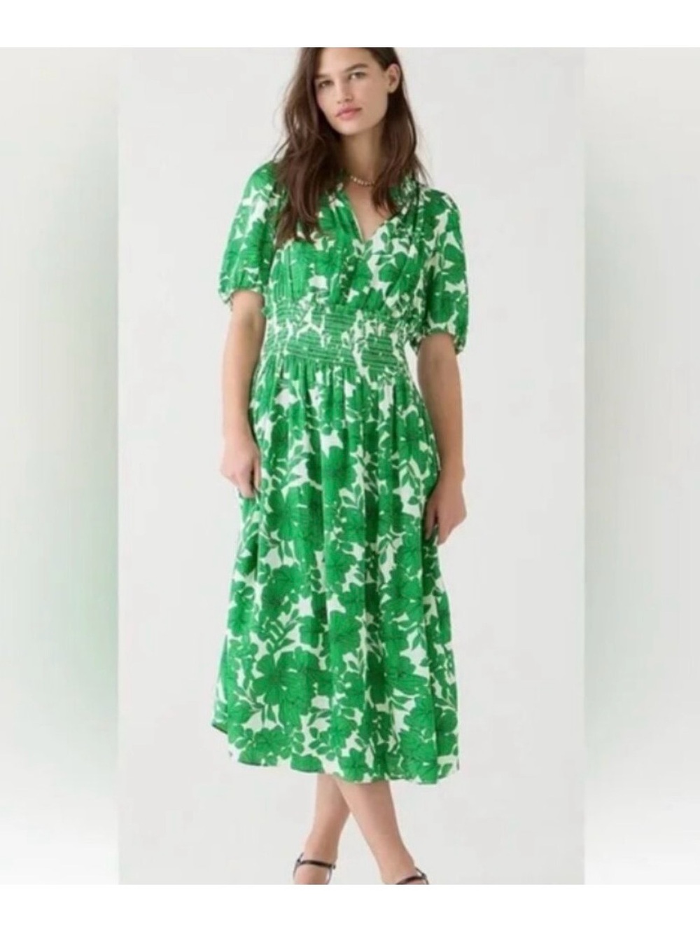 J. Crew Green and White Floral Midi Dress